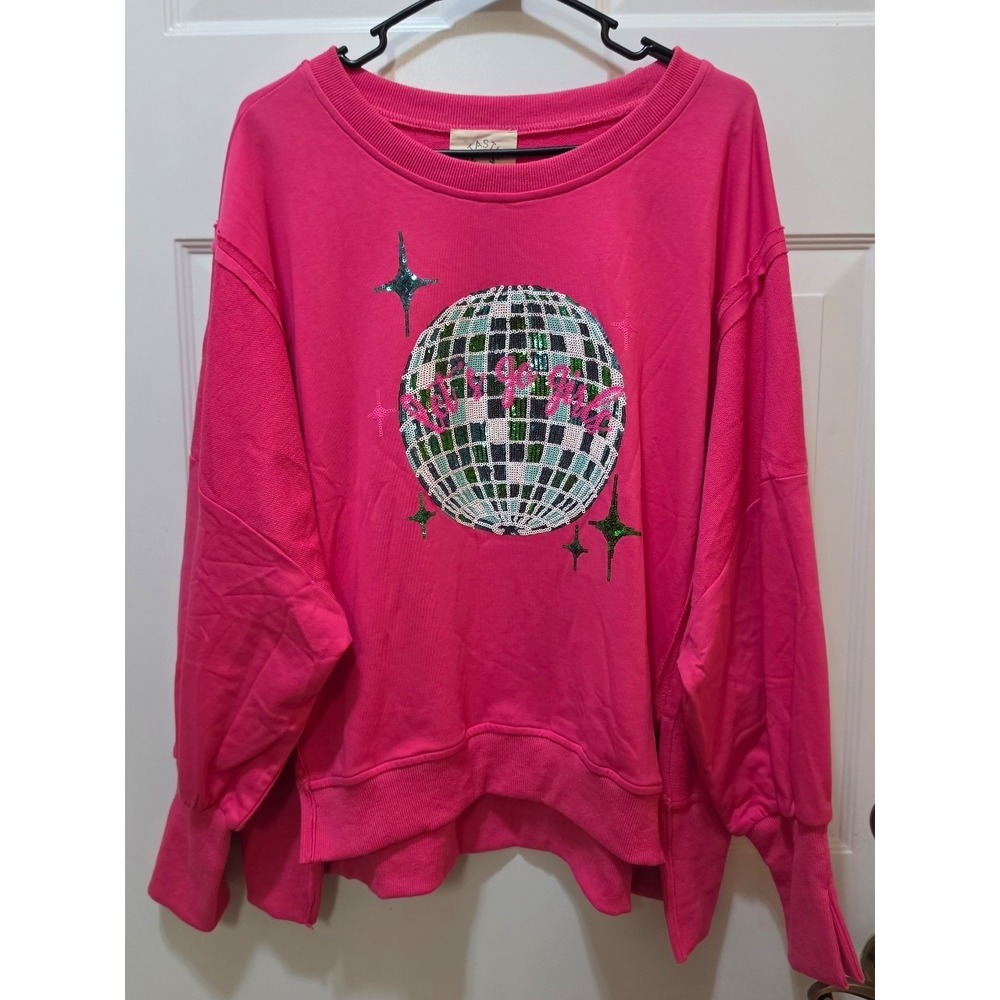 NWT Fantastic Fawn Hot Pink "Let's Go Girls" Disco Ball Sequin Sweatshirt - S